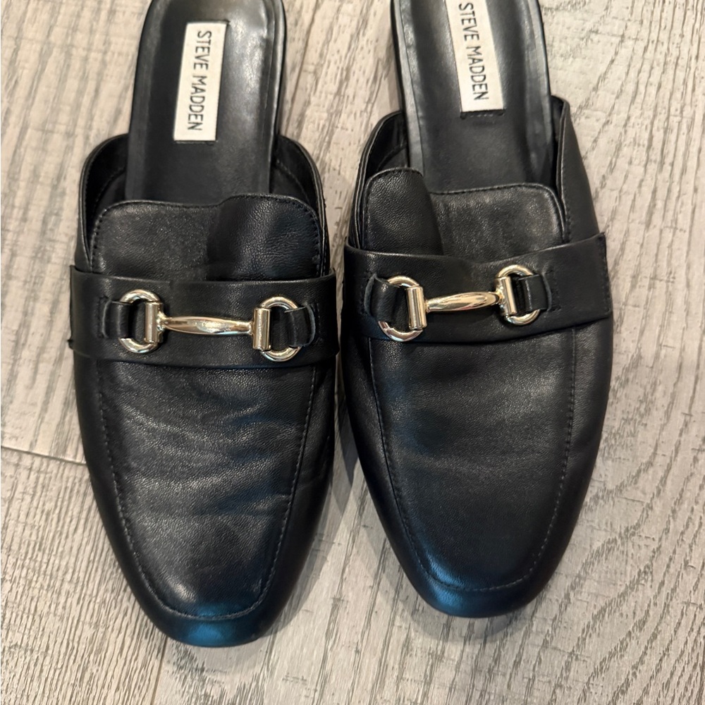 Steve Madden Kandi Black Loafers with Gold Buckle